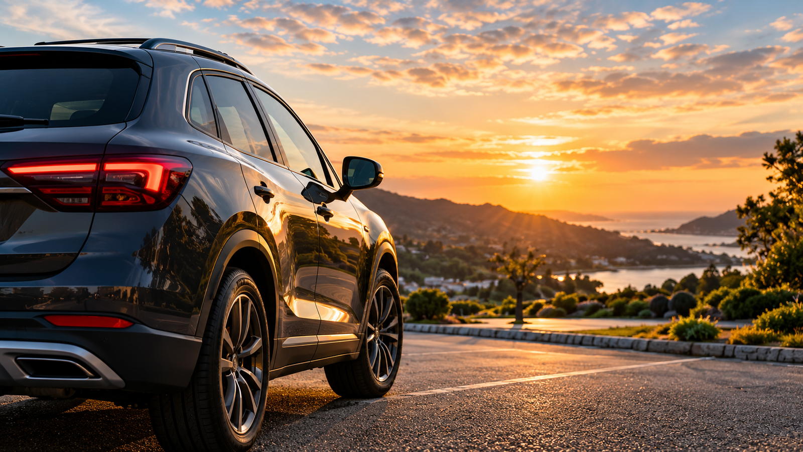 Dark SUV overlooking a sunlit coastal landscape at sunset