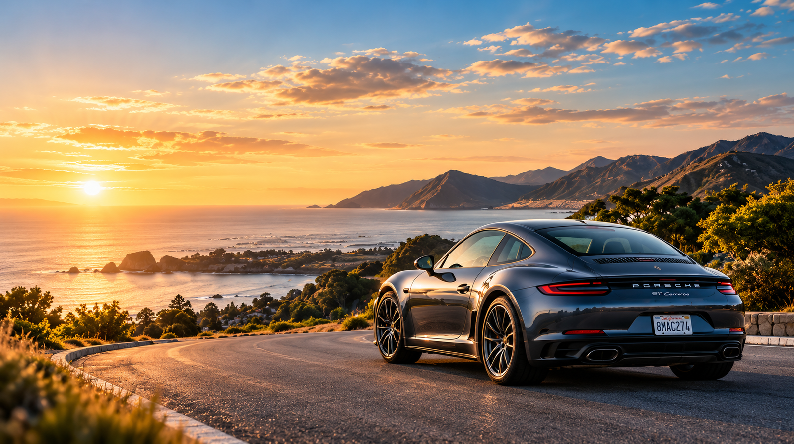 Porsche 911 overlooking the coastline at golden-hour sunset