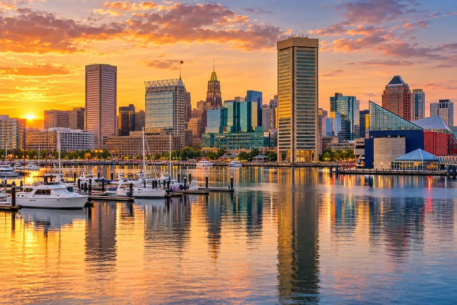 Baltimore, Maryland skyline and Inner Harbor at sunset