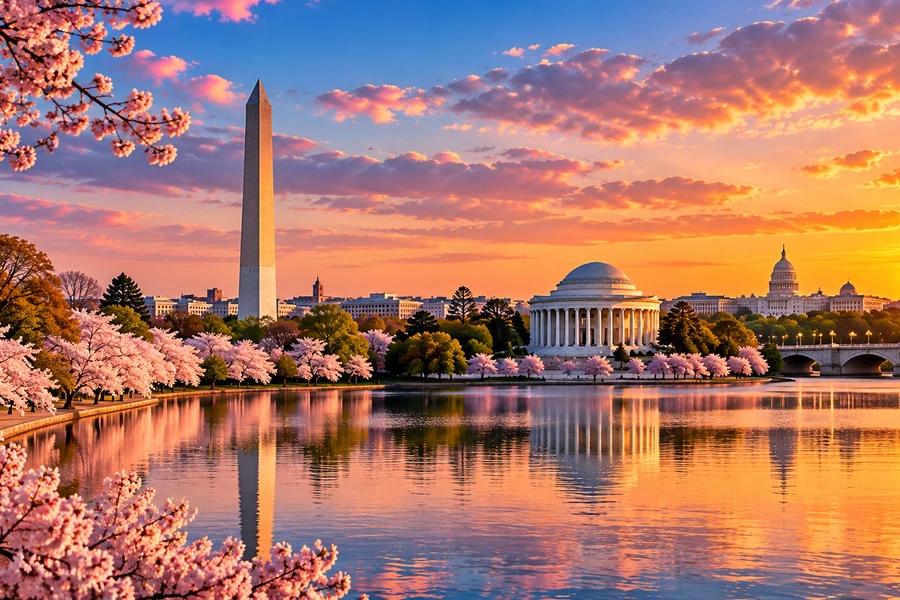 Washington DC monuments, cherry blossoms and waterfront at sunset